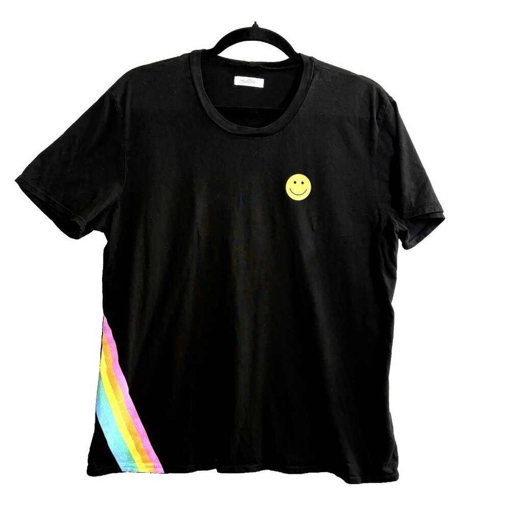 LAUREN MOSHIE Women Happy Smile Face Tee Shirt Sz L Black Artistic Iconic 21-5